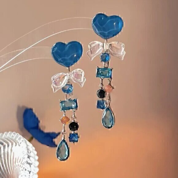 Blue Heart Transparent Bow Irregular Rhinestone Decor Dangle Earrings - Picture 1 of 3